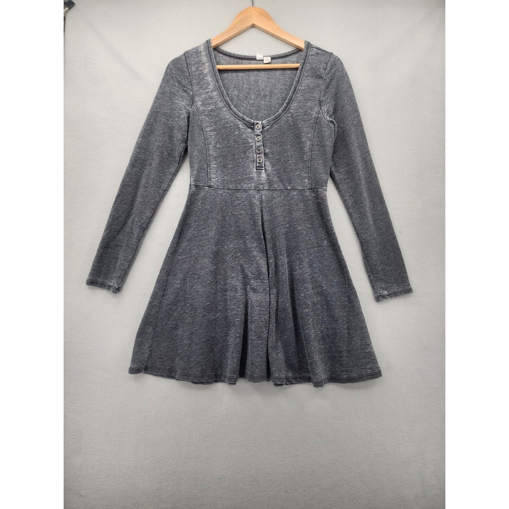 Others Follow Small Gray Mineral Wash Henley Long Sleeve Fit Flare Mini Dress